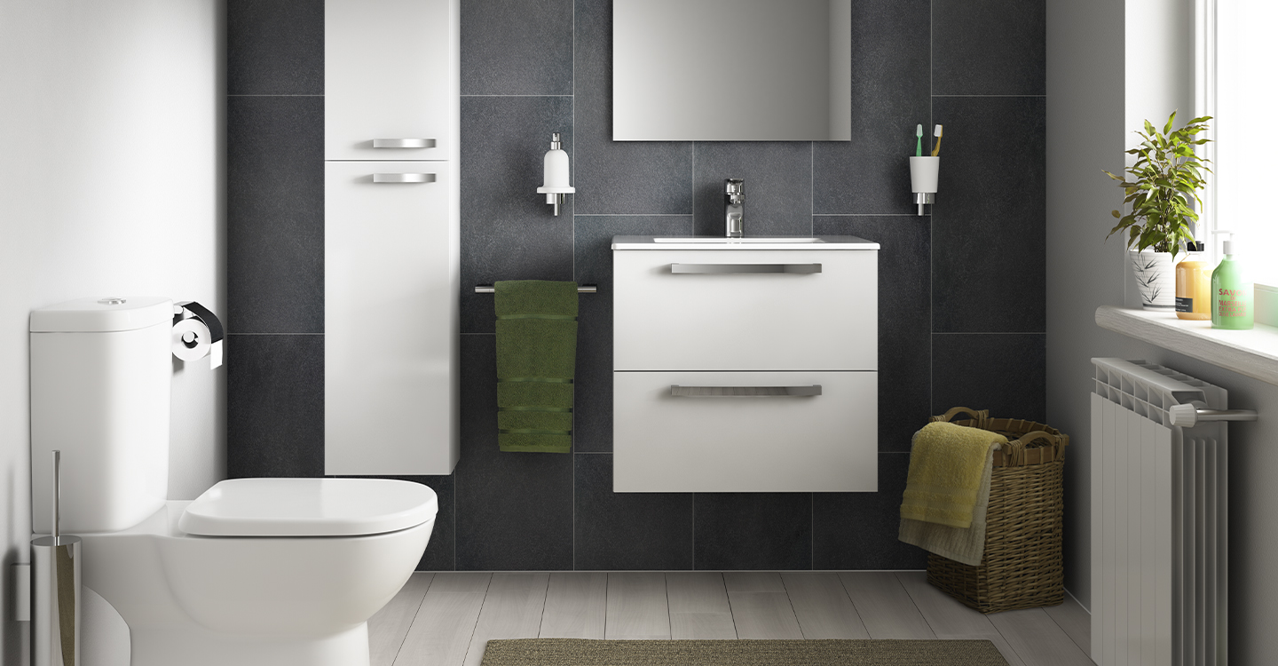 Tempo room setting. Showing close coupled toilet, basin with unit and storage column
